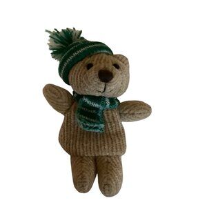 Teddy Bear Plush Toy 2 Finger Puppet Winter Hat & Scarf Green